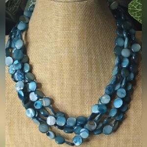 Blue Dyed Mother Of Pearl Button Beads Multistrand Vintage Necklace